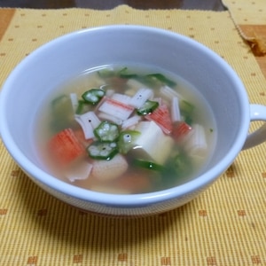 簡単！(^^)豆腐+カニかま+冷凍オクラのスープ♪